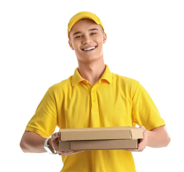 Νέοι Courier Κουτιά Πίτσα Λευκό Φόντο — Φωτογραφία Αρχείου