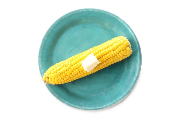 Plate Boiled Corn Cob Butter White Background — Stock Photo, Image