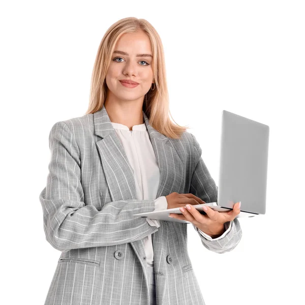 Junge Schöne Geschäftsfrau Arbeitet Mit Laptop Auf Weißem Hintergrund — Stockfoto