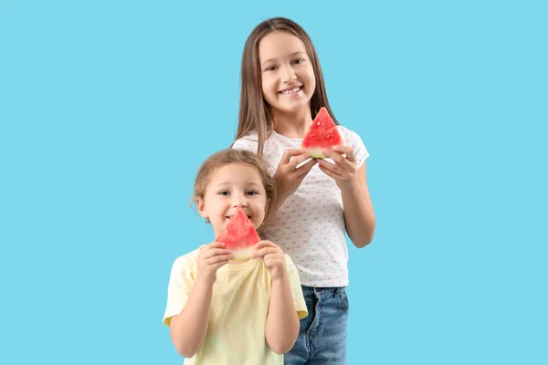 Little Girls Slices Fresh Watermelon Blue Background — Stock Photo, Image