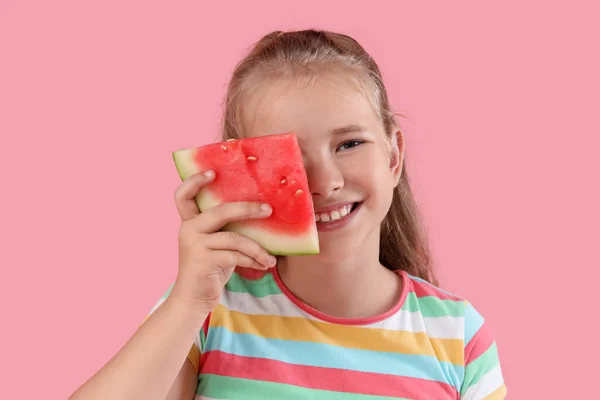 Happy Little Girl Slice Fresh Watermelon Pink Background — Stock Photo, Image