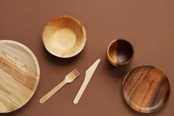 Different Wooden Tableware Brown Background — Stock Photo, Image