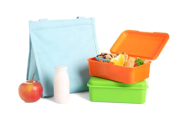 Bag Lunchboxes Delicious Food Isolated White Background — Stock Photo, Image