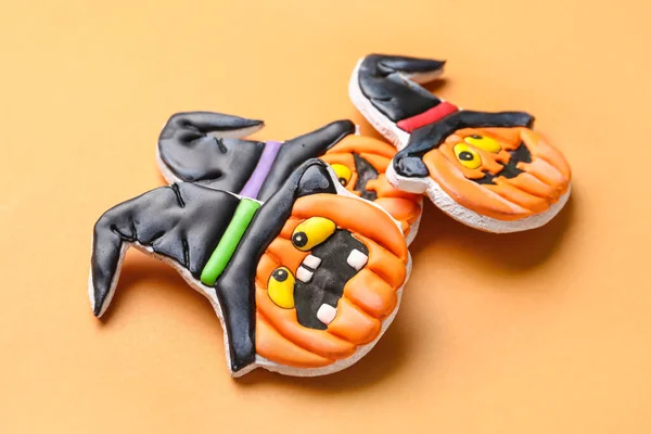 Tasty Cookies Shape Pumpkin Halloween Celebration Beige Background Closeup — Stock Photo, Image