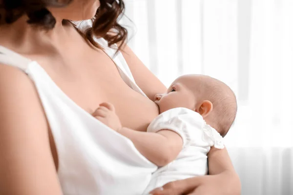 Young Woman Breastfeeding Her Baby Home Closeup — Stock Photo, Image
