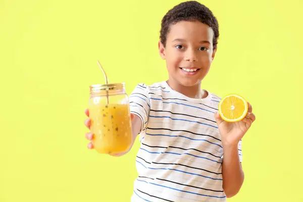 Little African American Boy Orange Mason Jar Fresh Juice Yellow — Stock Photo, Image
