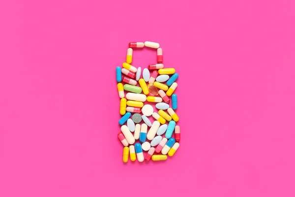 Garrafa Feita Diferentes Pílulas Fundo Rosa — Fotografia de Stock