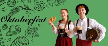 Banner for Oktoberfest with young couple in traditional German clothes clipart