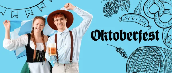 Baner Oktoberfest Młodą Parą Tradycyjnej Niemieckiej Odzieży — Zdjęcie stockowe