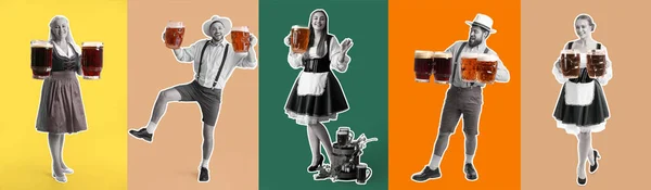 Zestaw Osób Tradycyjnych Niemieckich Kostiumach Kubkami Piwa Tle Koloru — Zdjęcie stockowe