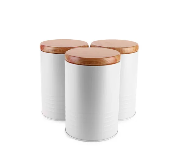 Kitchen Jars Wooden Lids Isolated White Background — Stock Photo, Image