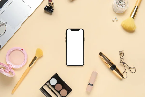 Composition Modern Mobile Phone Decorative Cosmetics Makeup Accessories Color Background — Stock Photo, Image