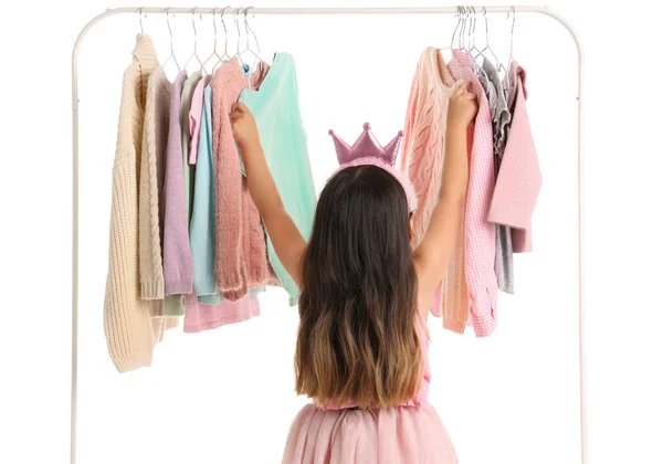Cute Little Girl Rack Stylish Clothes White Background Back View — Stock Photo, Image
