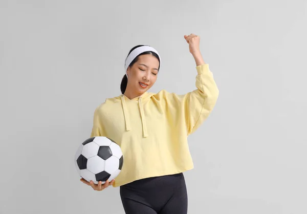 Happy Young Sporty Asian Woman Soccer Ball Grey Background — Stock Photo, Image