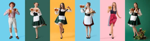 Κολάζ Από Χαρούμενους Γερμανούς Παραδοσιακά Ρούχα Νόστιμη Μπύρα Και Σνακ — Φωτογραφία Αρχείου