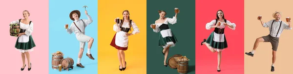 Група Щасливих Німецьких Людей Традиційному Одязі Смачним Пивом Закусками Кольоровому — стокове фото