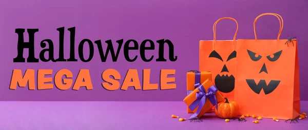 Banner För Halloween Försäljning Med Shoppingväskor Och Presenter — Stockfoto