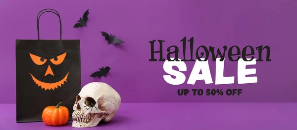 Banner Für Den Halloween Verkauf Mit Einkaufstasche Und Dekor — Stockfoto