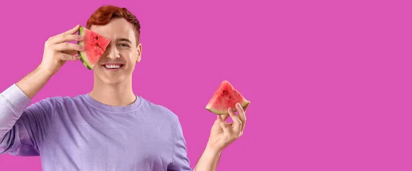 Young Man Pieces Juicy Watermelon Purple Background Space Text — Stock Photo, Image