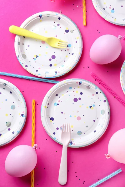 Table Setting Paper Tableware Balloons Pink Background — Stock Photo, Image