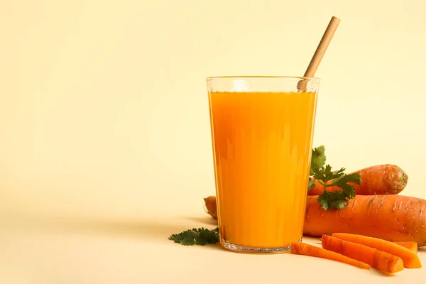 Glass Fresh Carrot Juice Parsley Orange Background — Stock Photo, Image
