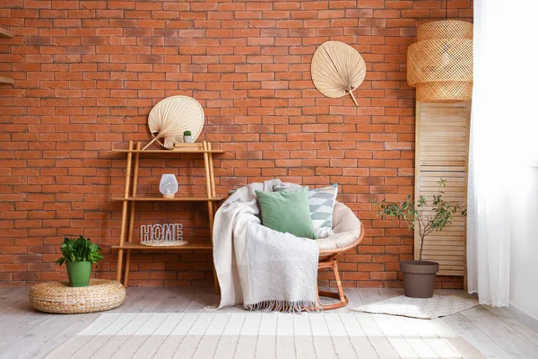 Stylish Armchair Cushions Blanket Interior Living Room — Stock Photo, Image