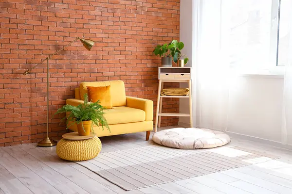 Stylish Yellow Armchair Pouf Houseplant Interior Living Room — Stock Photo, Image
