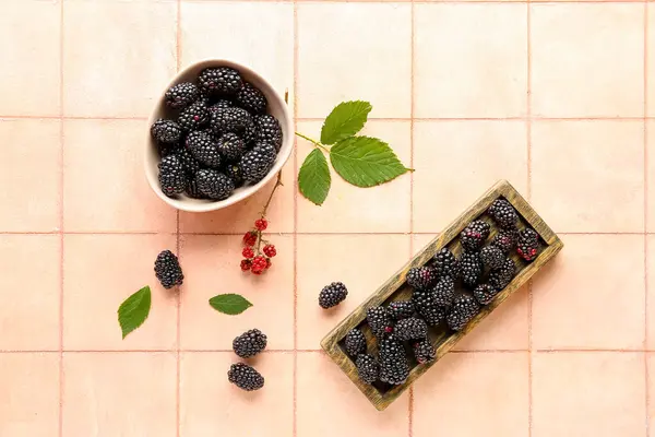 Bowl Wooden Board Fresh Blackberries Pink Tile Background — Stock Photo, Image