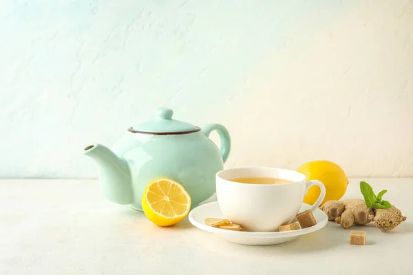 Cup Ginger Tea Lemon Teapot White Background — Stock Photo, Image