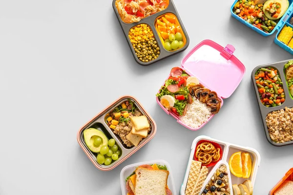 Many Lunchboxes Different Delicious Food Grey Background — Stock Photo, Image