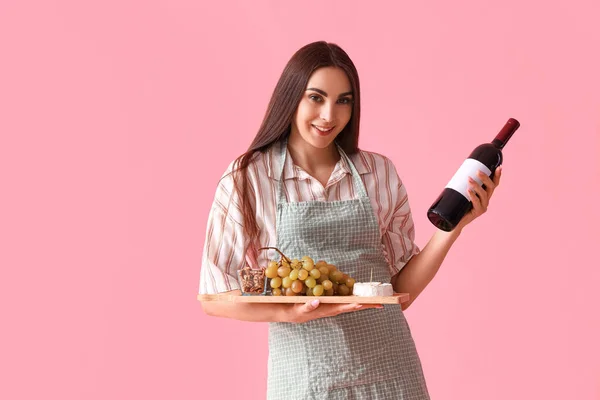 Young Woman Bottle Wine Snacks Pink Background — Stock Photo, Image