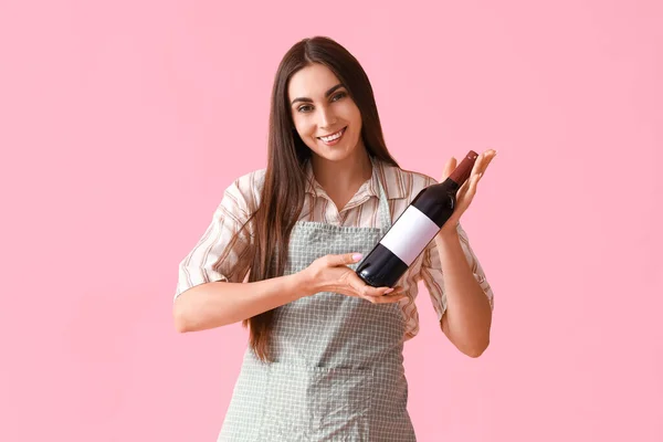 Young Woman Bottle Wine Pink Background — Stock Photo, Image