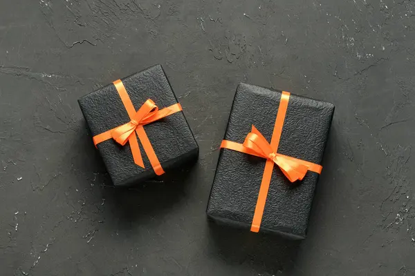 Gift Boxes Halloween Celebration Grunge Black Background — Stock Photo, Image