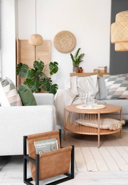 Oturma odasının içinde kanepeler ve Monstera bitkileri var.