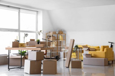 Taşınma gününde karton kutularla birlikte ofis içi