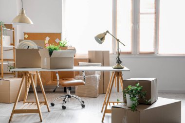 Taşındığı gün ofisinde karton kutular olan modern işyeri
