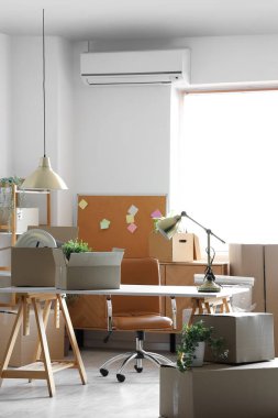 Taşındığı gün ofisinde karton kutular olan modern işyeri