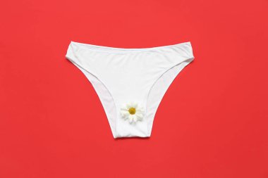 Kırmızı arka planda papatya çiçeği olan kadın külotu.