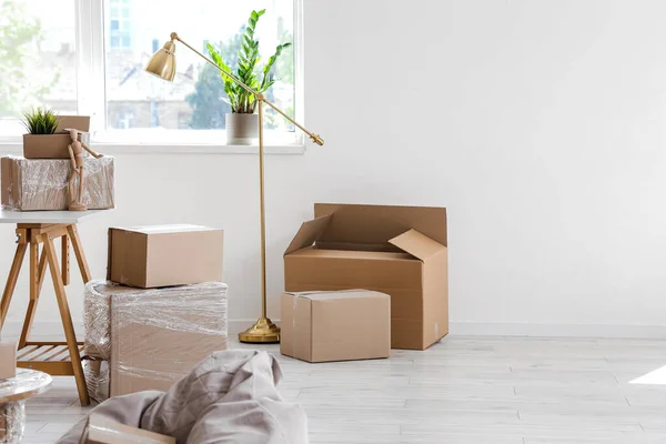Interior Stylish Office Cardboard Boxes Moving Day — Stock Photo, Image