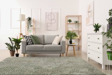 Işıl ışıl oturma odasının içi. Rahat gri kanepe ve yeşil çiçekli.