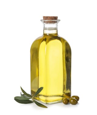 Bottle of fresh olive oil on white background