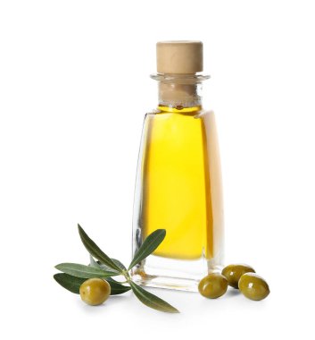 Bottle of fresh olive oil on white background