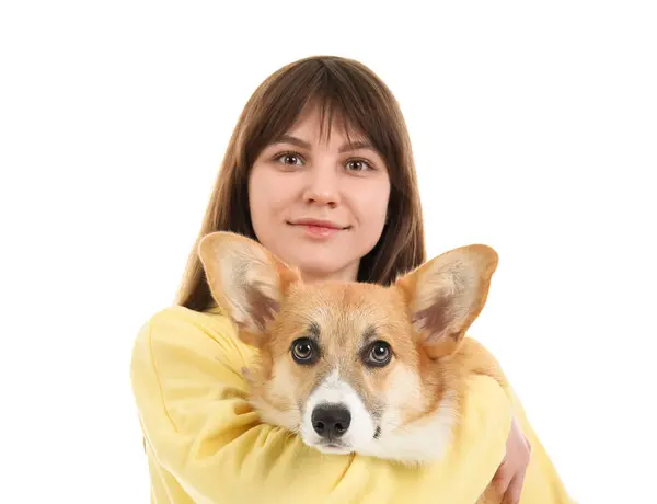 Hübsche Junge Frau Mit Niedlichem Corgi Hund Auf Weißem Hintergrund — Stockfoto