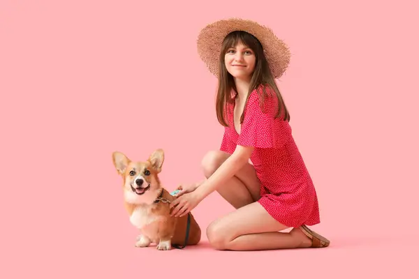Fashionable Young Woman Sitting Cute Corgi Dog Pink Background — Stock Photo, Image