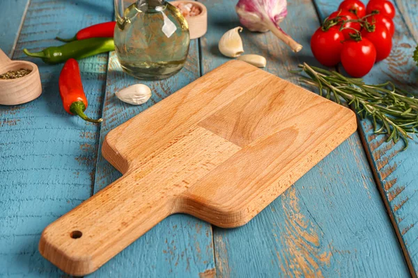 Composition Cutting Board Vegetables Spices Color Wooden Background — Stock Photo, Image