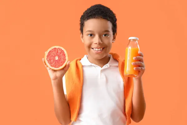Little African American Boy Bottle Fresh Citrus Juice Grapefruit Slice — Stock Photo, Image