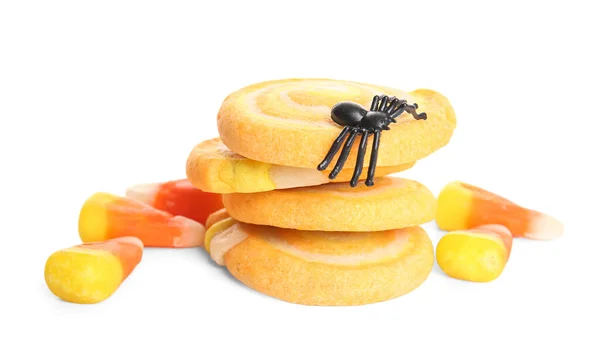 Tasty Cookies Candy Corns Decoration Spider Halloween Celebration Isolated White — Stock Photo, Image