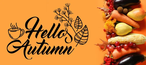 Bela Composição Com Texto Hello Autumn Sobre Fundo Laranja — Fotografia de Stock