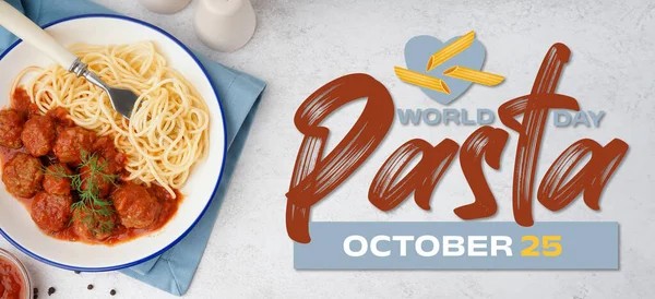 Banner for World Pasta Day with boiled spaghetti with tomato sauce and meat balls