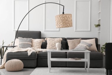 Kanepede şık yastıklar olan oturma odasının içinde.